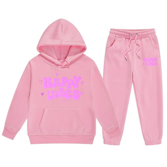 Toddler Fall Outfits Girls 2Pc Sweatsuits Happy Print Pullover Hoodie Tops Sweatpants Tracksuit Toddler Girls Clothes Pink 4 Years-5 Years