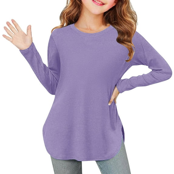Toddler Fashion Long Sleeve Tops New Teen Girls Trendy Tunic Tops Plus Size Shirts Side Split Long Sleeve Pullover Tees Casual Loose Blouses Purple 7 Years