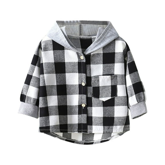 Toddler Flannel Shirt Boy Long Sleeve Button Down Shirts Flannel Hooded Plaid Shirt 2-13 Years