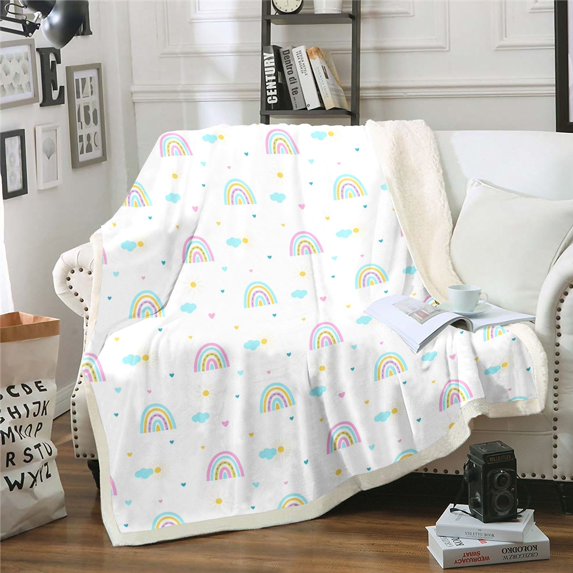 Fleece Blanket Twin Rainbow Throw Blanket Boho Fuzzy Blanket , Kawaii Rainbow Pattern Boho Sun and Clouds Sherpa Blanket Pink Love Heart Decor Blanket