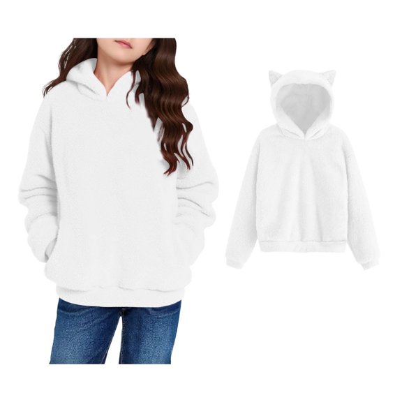 Toddler Hoodie Girls Long Sleeve Kids White Hoodie Casual Loose Fuzzy Top Pullover with Pockets Girls Tops 3-4 Years