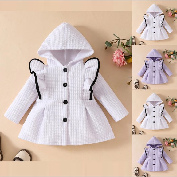 Toddler Fleece Jacket Yourumao Baby Toddler Girls Waffle Knit Hoodie Sweatshirt Ruffle Long Sleeve Button Jacket Fall Winter Autumn Warm Dress Coat Outerwear 3-24M White,18M