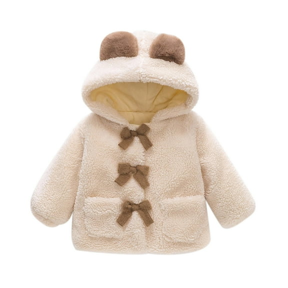 Toddler Fleece Jackets - Baby Girls Long Sleeve Hooded Coats Kids Button Teddy Coat with Hood Fuzzy Jackets Soft Plush Thick Warm Winter Overcoat Outerwear White 6-12 Months