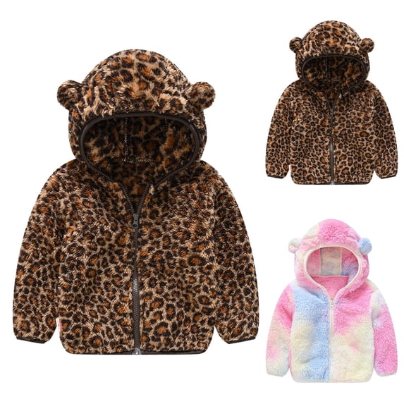Toddler Fleece Jackets Warm Cute Boy Girls Hooded Coat Leopard Colorful Gradient Outwear Baby Kids Thick Zipper Plush Sweater Brown 6-12 Months