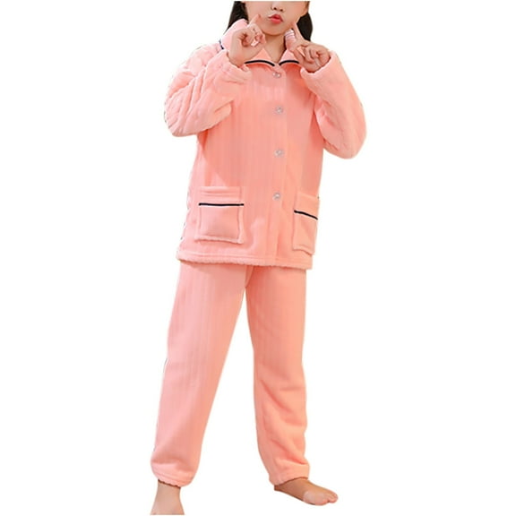 Toddler Fleece Pajamas Boys Girls Long Sleeve Flannel Sleepwear Button Down Top Pants 2pc Set Homewear Jammies