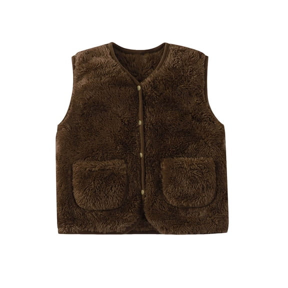 Toddler Fleece Vest Girls Button Down Winter Warm Sherpa Jackets Sleeveless Casual Fall Fuzzy Coat Brown, 1-2 Years