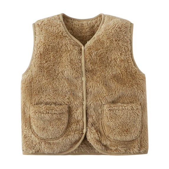 Toddler Fleece Vest Girls Button Down Winter Warm Sherpa Jackets Sleeveless Casual Fall Fuzzy Coat Khaki, 5-6 Years