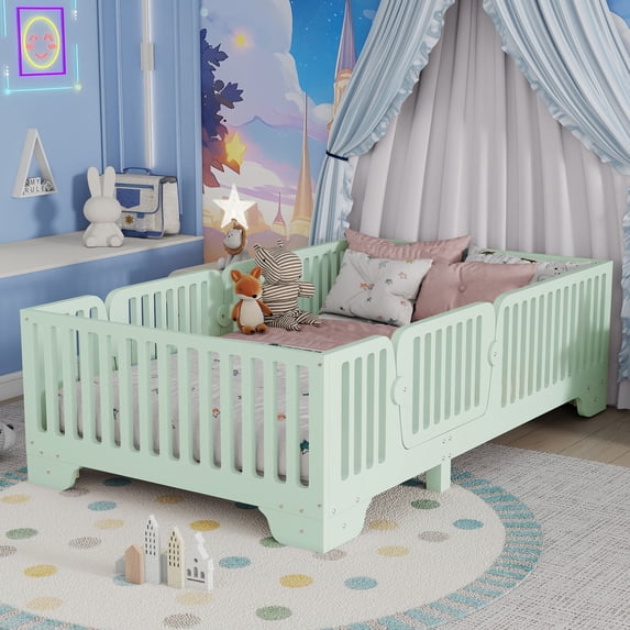 Montessori Floor Bed, Legagome Twin Bed with Fence & 2 Removable Doors, Sturdy Low Profile Floor Platform Bed for Little Boys Girls, No Box Spring Needed, Supports 250lbs, Green