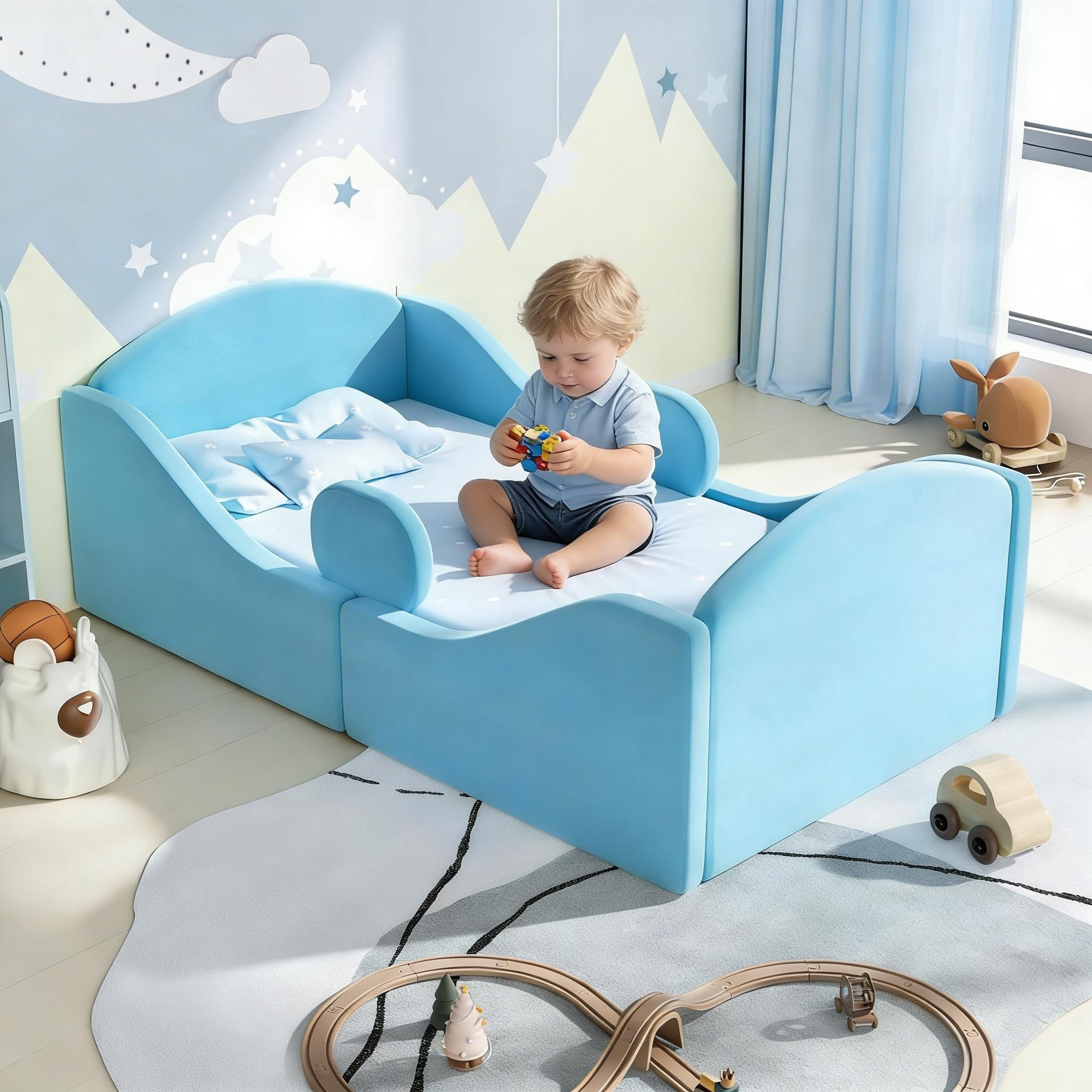 Detachable Fall Protection Railing Toddler Floor Bed with Removable Safety Rails, Upholstered Montessori ...