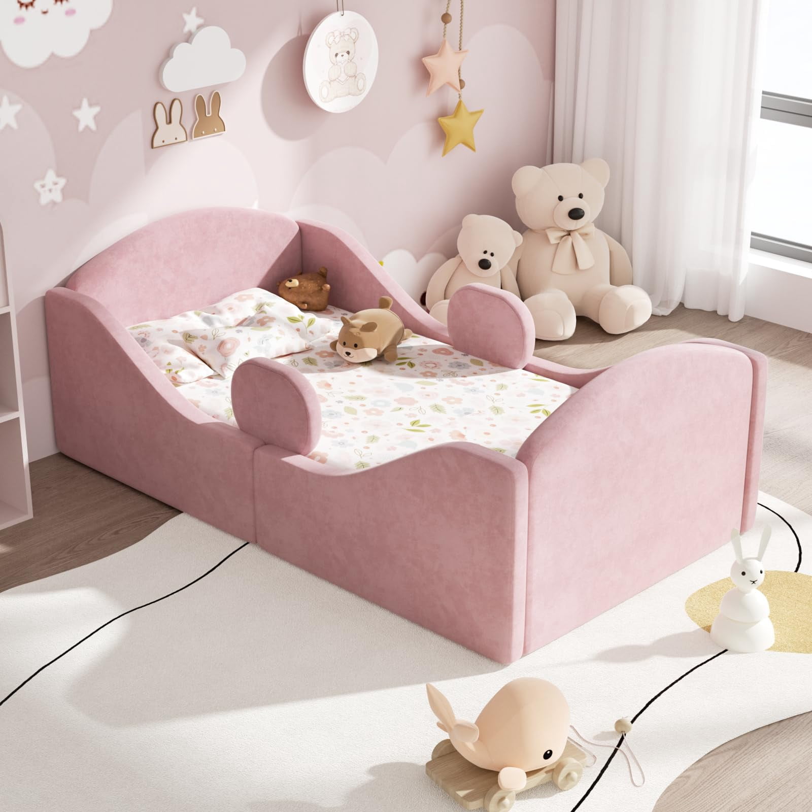 Detachable Fall Protection Railing Toddler Floor Bed with Removable Safety Rails, Upholstered Montessori ...