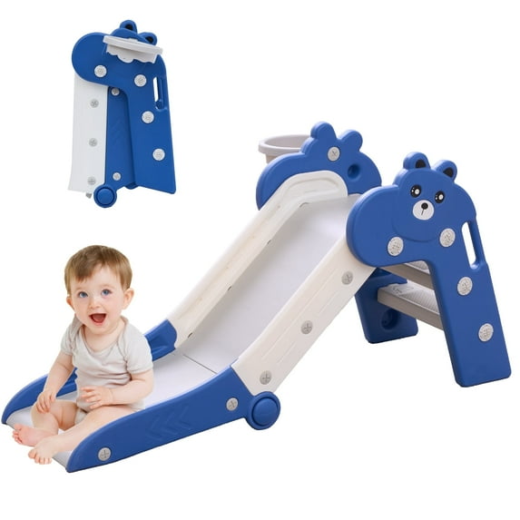 Toddler Foldable Slide for Toddlers Kids Indoor Baby Plastic Play Slide with Basketball Hoop and Ball