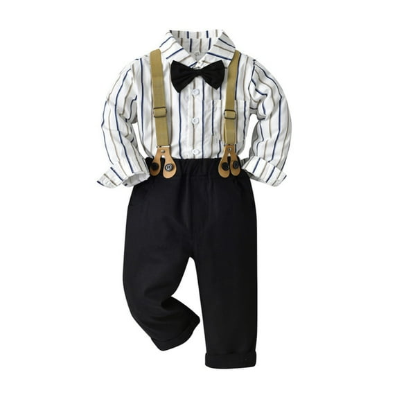 Toddler Gentleman Suit Baby Little Boy Clothes Sets Bowtie Long Sleeve Shirts and Suspenders Pants Sets 2Pcs Casual Outfit Sets,12 Months-7 Years