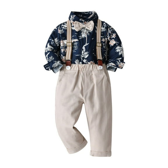 Toddler Gentleman Suit Baby Little Boy Clothes Sets Bowtie Long Sleeve Shirts and Suspenders Pants Sets 2Pcs Casual Outfit Sets,12 Months-7 Years