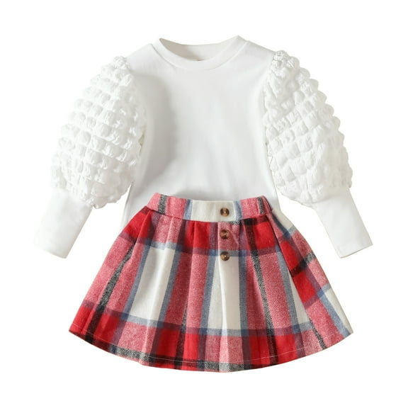 Toddler Girl 2 Piece Outfit Long Sleeve Shirts and Plaid A-Line Skirt Set for Toddler Fall Clothes,1-6T