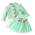 thumbnail image 1 of Toddler Girl 2 Piece Princess Outfit Long Sleeve Knit Cardigan Floral Waist Sleeveless Tulle Dress Fall Clothes Set for 3 Months To 3 Years Green, 1 of 6