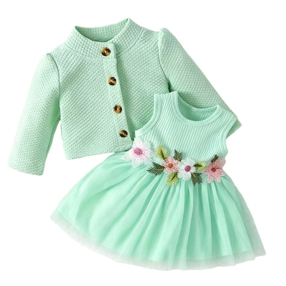 Toddler Girl 2 Piece Princess Outfit Long Sleeve Knit Cardigan Floral Waist Sleeveless Tulle Dress Fall Clothes Set for 3 Months To 3 Years Green