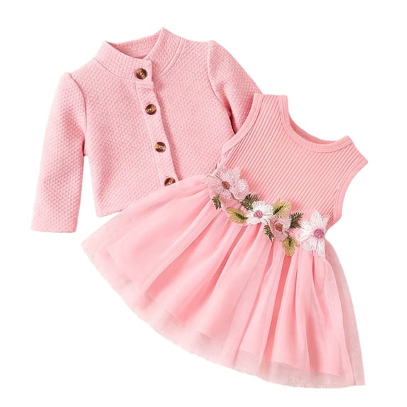 Toddler Girl 2 Piece Princess Outfit Long Sleeve Knit Cardigan Floral Waist Sleeveless Tulle Dress Fall Clothes Set for 3 Months To 3 Years Pink