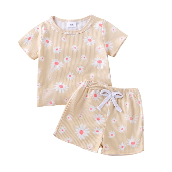 Toddler Girl 2 Piece Set, Round Neck Short Sleeve Daisy Print Tops + Elastic Waist Shorts Infant Baby Summer Clothes Outfits