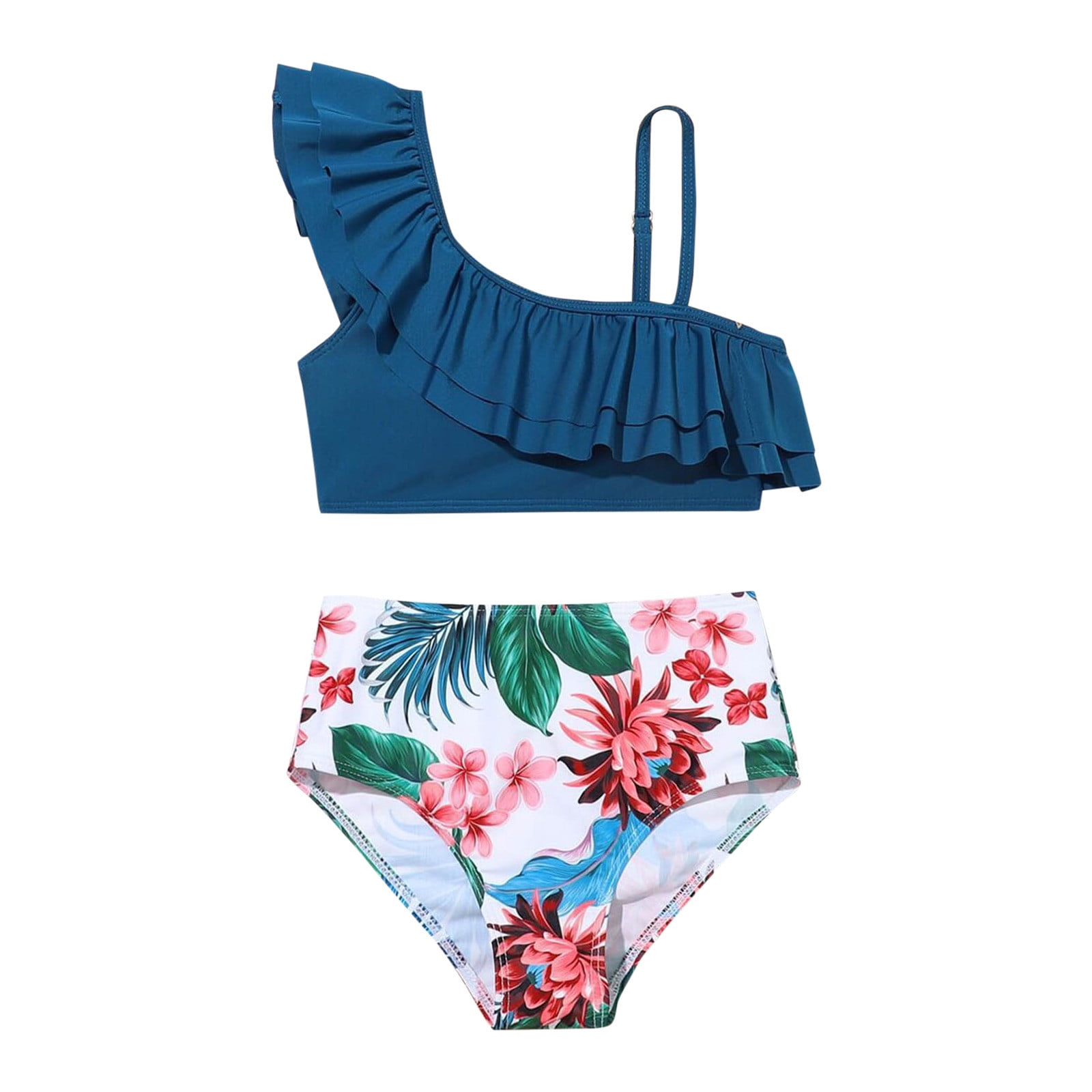 GAQLIVE Toddler Girl 2 Pieces Set Swimsuit Sport Blue Flower Floral