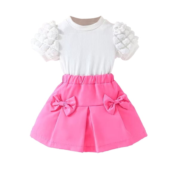 Toddler Girl 2PCS Summer Outfits Puff Short Sleeve Ribbed Knit Tops Mini Skirt Set Cute Girl Clothes (Hot Pink, 6 Years)
