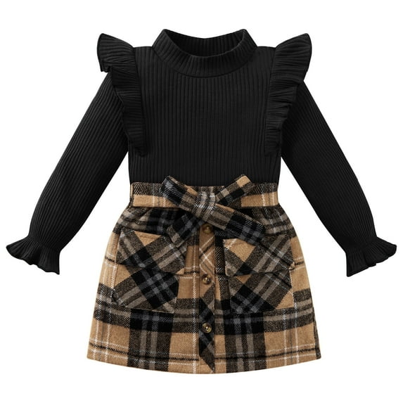 Toddler Girl 2Pcs Outfits Set Solid Ruffle Long Sleeve Ribbed T-Shirt Knit Tops Plaid Button Skirts Set Spring Fall Winter Clothes Kid 2-7 Years