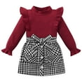 thumbnail image 1 of Toddler Girl 2Pcs Outfits Set Solid Ruffle Long Sleeve Ribbed T-Shirt Knit Tops Plaid Button Skirts Set Spring Fall Winter Clothes Kid 2-7 Years, 1 of 11