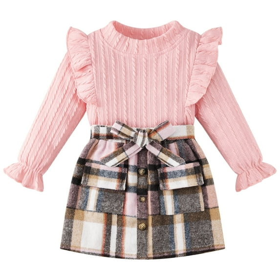 Toddler Girl 2Pcs Outfits Set Solid Ruffle Long Sleeve Ribbed T-Shirt Knit Tops Plaid Button Skirts Set Spring Fall Winter Clothes Kid 2-7 Years