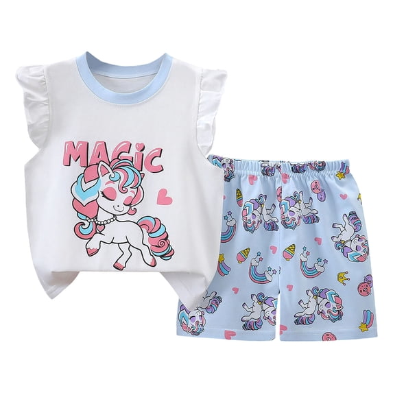 Toddler Girl 2Pcs Summer Outfits For 3-6 Months Girls Comfortable And Breathable Set Cute Cartoon Printed Flying Sleeve Top Shorts Two Piece Set Blue Summer Gift Set