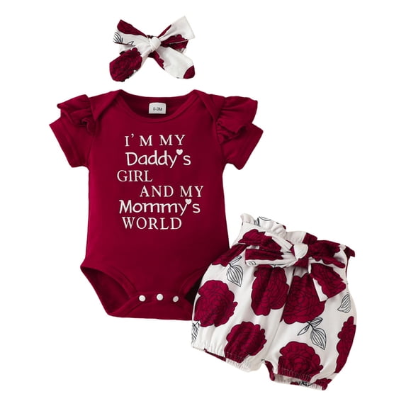 Toddler Girl 2Pcs Summer Outfits For 9-12 Months Baby Girl Summer Clothes Newborn Outfit Ruffle Ribbed Romper Tops Floral Shorts Set + Headband Wine Summer Gift Set