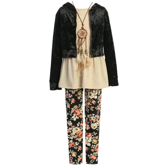 Toddler Girl 3 PCS Set Long Sleeve Hoodie Jacket Top Legging Pant Clothing Outfit Set Black 4 (20JK99S)