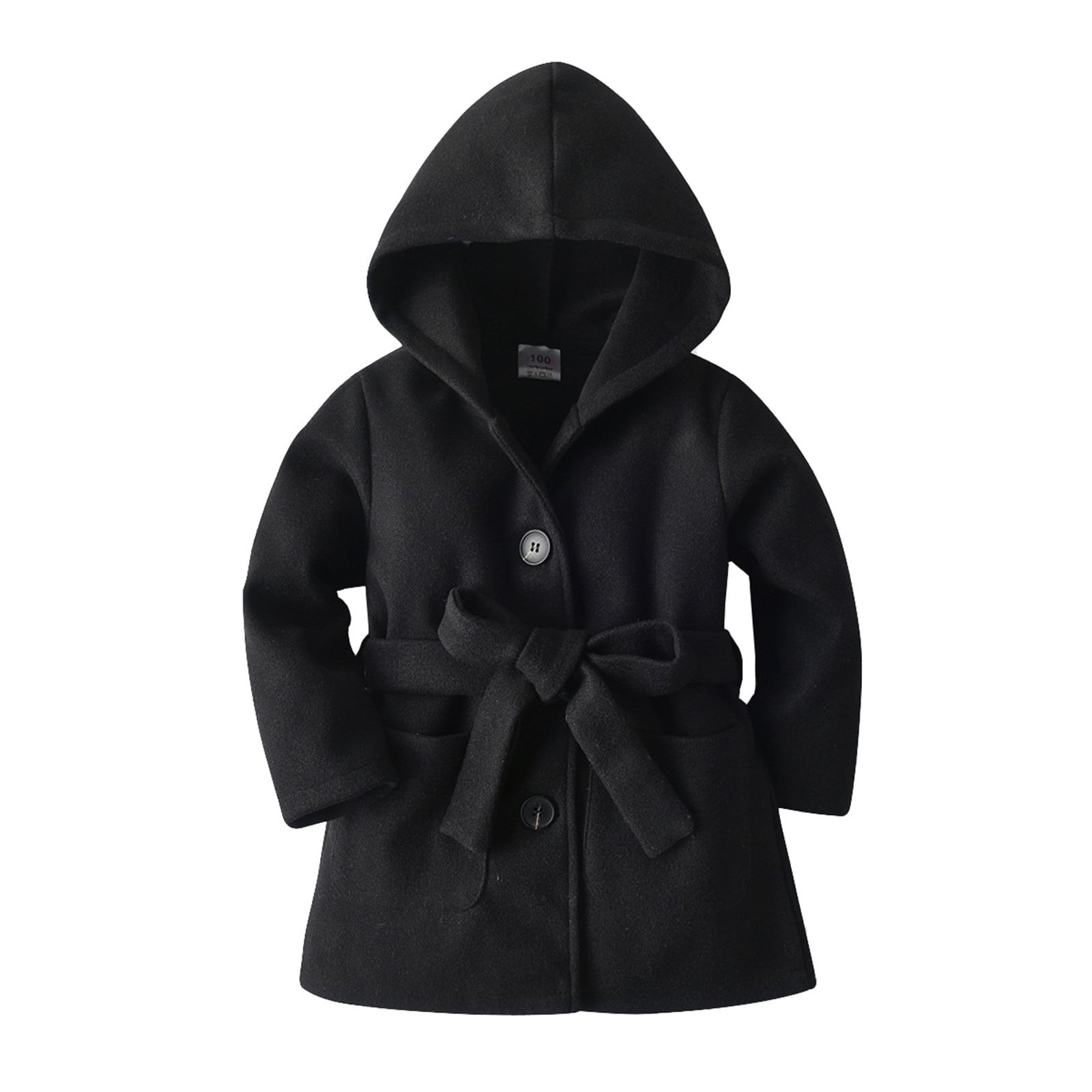 Toddler Girl 4t Winter Jacket Winter Coat Girls 2t Toddler Girls Winter Long Sleeve Warm Woollen Hooded Coat Jacket Belt Solid Color For Babys Clothes Black Coat for Kids Girls Walmart