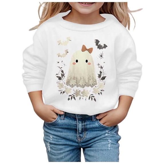 Toddler Girl' Active Long Sleeve Pullover Sweatshirt Hallowee Graphic Cute Round Neck Pullovers Top Fall Winter Clothes Size 3-4T ,White