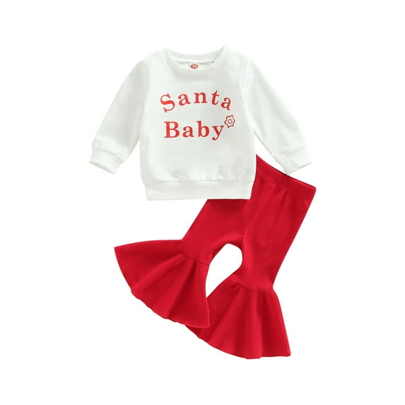 Toddler Girl Autumn Christmas Clothes Long Sleeve Crew Neck Letter Print Pullover + Solid Color Ribbed Flare Trousers