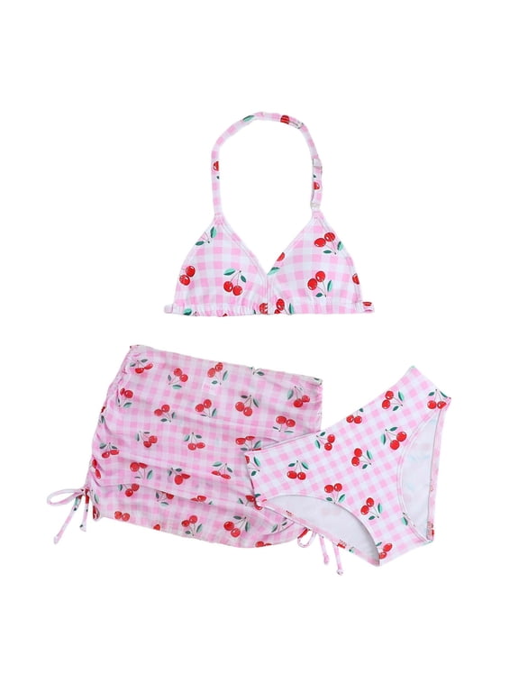 Toddler Girl Bathing Suit Cherry Print Two Piece Bikini with Rash Guard Top and Bottom for Kids Pink 7 Years-8 Years
