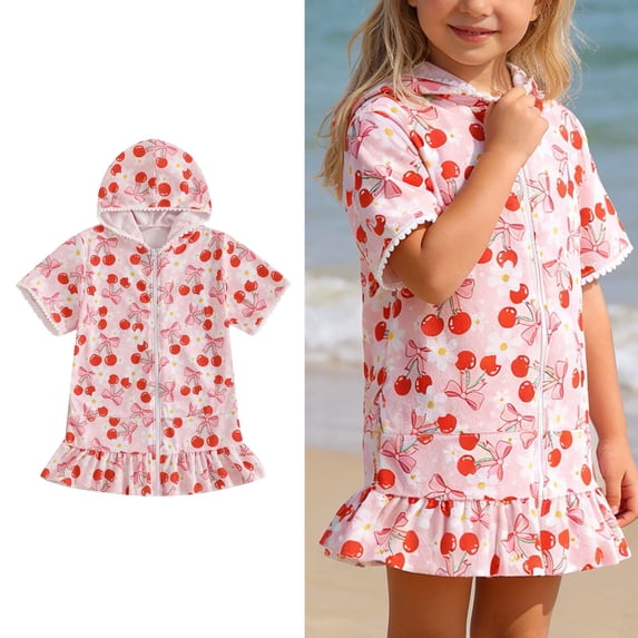 Toddler Girl Bathing Suit Cover Up Zip Up Hooded Cute Print Towel Cover Up Towel Dress Girls Swim Cover Up Size 3-4 Years