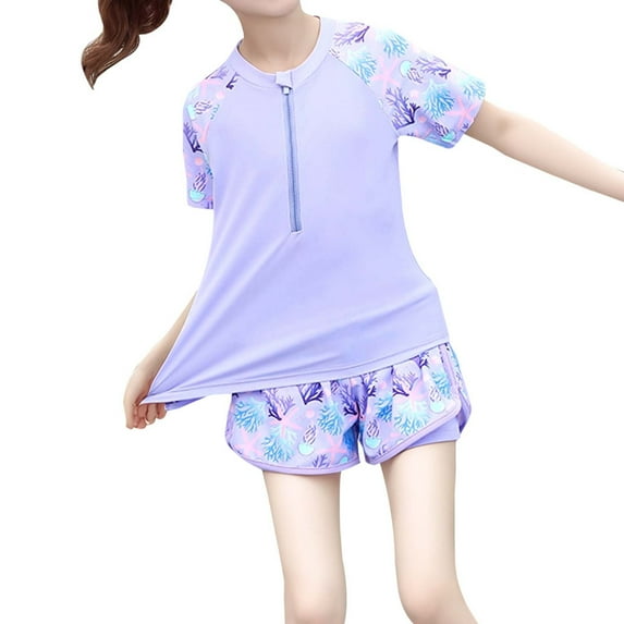 Toddler Girl Bathing Suit Floral 2 Piece Swimwear Set Japanese Style Split Polyester Training Swimsuit Teen Girl Swimsuit Blue