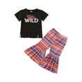 thumbnail image 1 of Toddler Girl Bell Bottom Outfits Letter Print Top + Rainbow Stripes Flared Pants Set 2 Pcs Summer Clothes Sets, 1 of 8