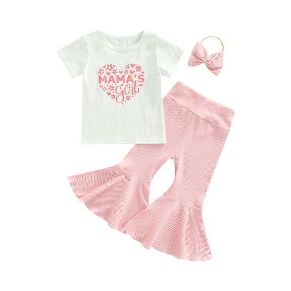 Toddler Girl BellBottoms Outfit Letter Print T-Shirt + Ribbed Flared Trousers + Headband 3 Pcs Pant Clothing Sets