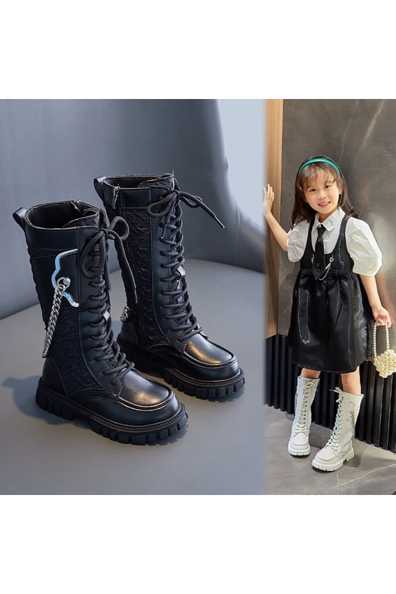 Toddler Girl Boots,Lace Up Riding Mid Calf PU Leather for Kids Side Zipper Design Boots for Style,White Boots Girls,03 Black,4-4.5 Years