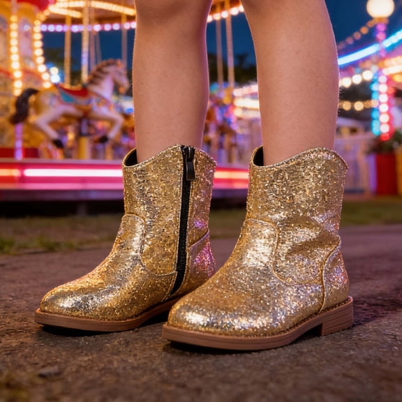 Toddler Girl Boots,Stylish Girls Booties Ankle Boots for Everyday Wear Round Toe Low Heel Comfortable Casual Footwear for Kids for School and Daily Outfits,Toddler Snow Boots,Gold,9-9.5 Years