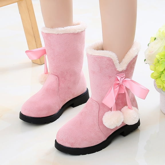 Toddler Girl Boots,Winter Kids Boots with Bow Cozy Warm Lined Boots for Girls Easy Hook and Loop Closure Comfortable Booties for Casual Wear,Toddler Snow Boots,01 Pink,5-5.5 Years