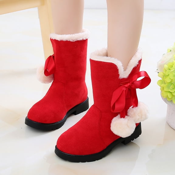 Toddler Girl Boots,Winter Kids Boots with Bow Cozy Warm Lined Boots for Girls Easy Hook and Loop Closure Comfortable Booties for Casual Wear,Toddler Snow Boots,01 Red,12-12.5 Years