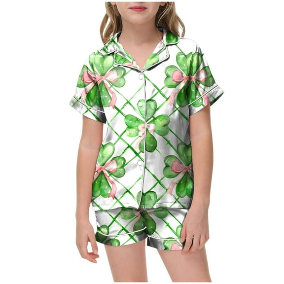 Toddler Girl Boy Summer Pajamas Satin Bow&Clover Print Button Down Shirt Shorts Girls St Patricks Day Silk Pajama Set Birthday Pajamas Toddler