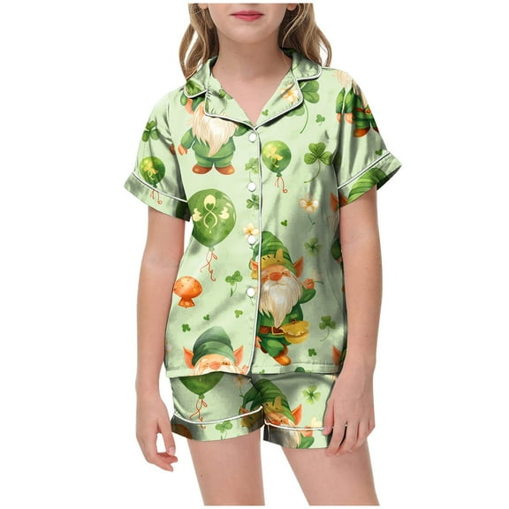 Toddler Girl Boy Summer Pajamas Satin Bow&Clover Print Button Down Shirt Shorts Girls St Patricks Day Silk Pajama Set Birthday Pajamas Toddler