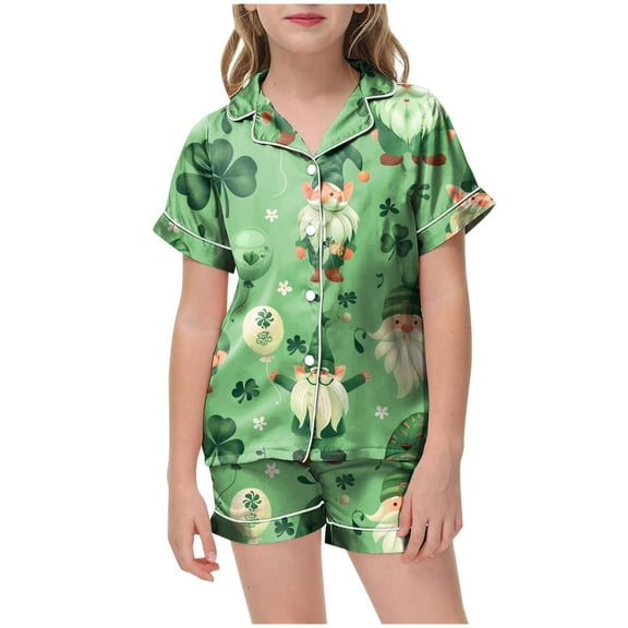 Toddler Girl Boy Summer Pajamas Satin Bow&Clover Print Button Down Shirt Shorts Girls St Patricks Day Silk Pajama Set Birthday Pajamas Toddler