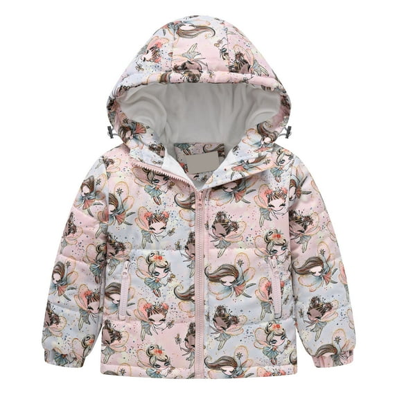 Toddler Girl Boy Winter Padded Thick Fleece Cute Print Kids Baby Girl Boy Puffer Warm Long Down Jacket Hodded Coat Fuzzy Sherpa Zipper Outwear