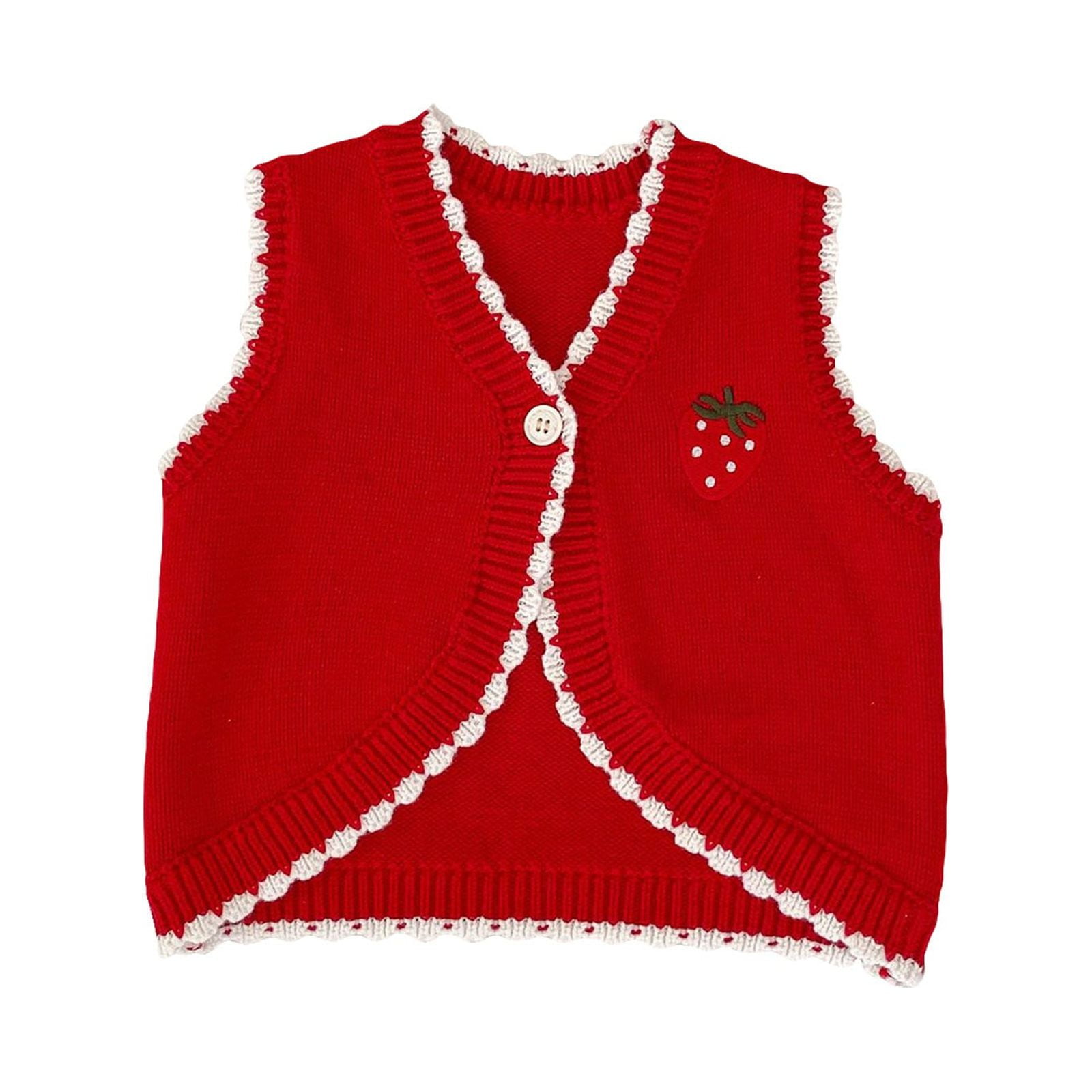 Toddler Girl Cardigan Strawberry Embroidered Border Knit Vest For 0 To