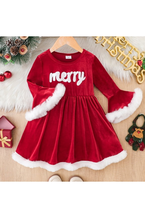 Toddler Girl Christmas Dress Long Plush Flared Sleeves Princess Dress Xmas Clothes Outfit for Kids 3-7T