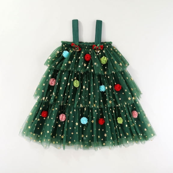 Toddler Girl Christmas Dress Star Sequin Layered Tulle Tutu Dress Pompom Embroidery Cake Smash Dress 4-5Y