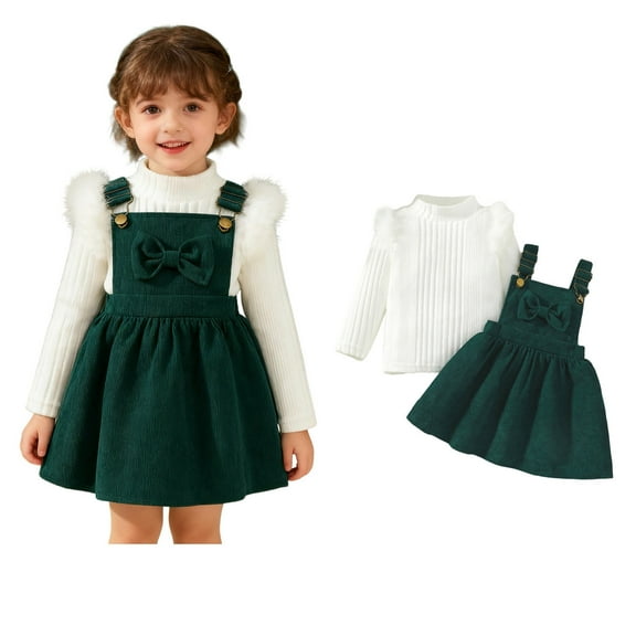 Toddler Girl Christmas Outfit Long Sleeve Ribbed Top Girls Overall Dress 2 Piece Outfit Set Toddler Girl Winter Outfits 12-18 Months